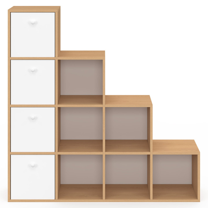 Mobile a 4 livelli in legno e bianco con 4 cassetti in tessuto - LORYS | IdMarket