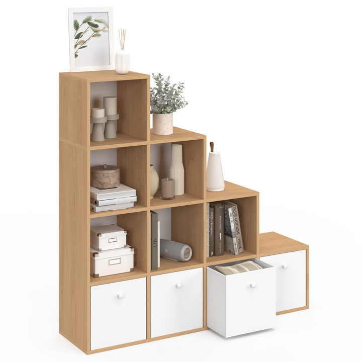 Mobile a 4 livelli in legno e bianco con 4 cassetti in tessuto - LORYS | IdMarket