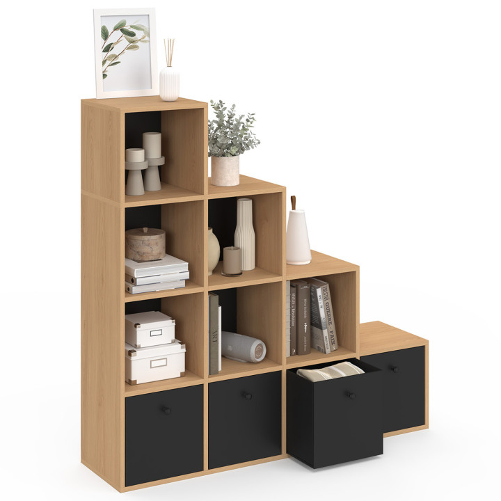 Mobile a 4 livelli in legno e nero con 4 cassetti in tessuto - LORYS | IdMarket