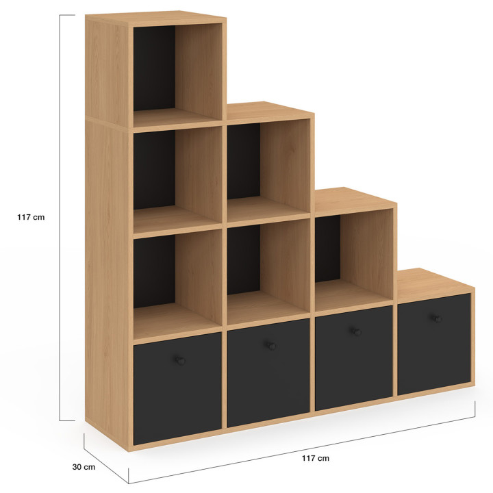 Mobile a 4 livelli in legno e nero con 4 cassetti in tessuto - LORYS | IdMarket