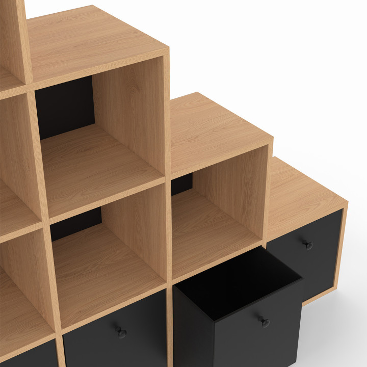 Mobile a 4 livelli in legno e nero con 4 cassetti in tessuto - LORYS | IdMarket