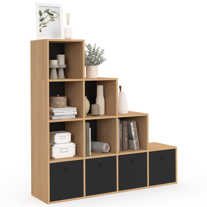 Mobile a 4 livelli in legno e nero con 4 cassetti in tessuto - LORYS | IdMarket