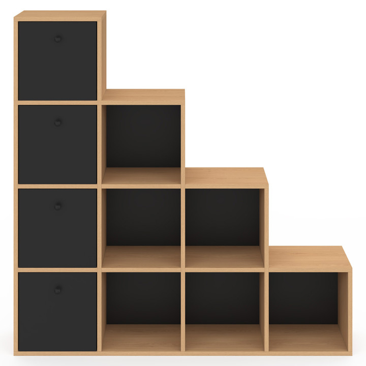 Mobile a 4 livelli in legno e nero con 4 cassetti in tessuto - LORYS | IdMarket