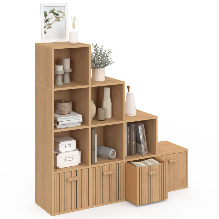 Contenitore a 4 livelli con effetto doghe e 4 cassetti in tessuto - LORYS | IdMarket