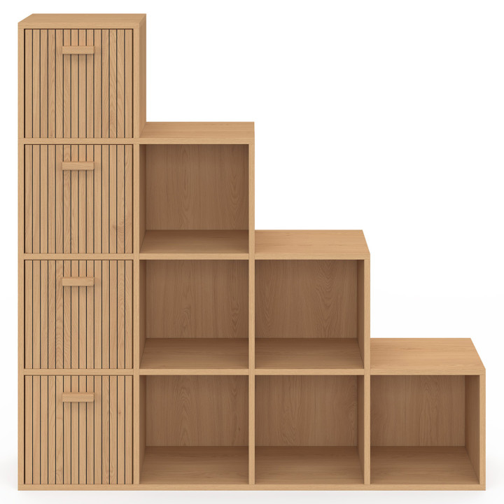 Contenitore a 4 livelli con effetto doghe e 4 cassetti in tessuto - LORYS | IdMarket