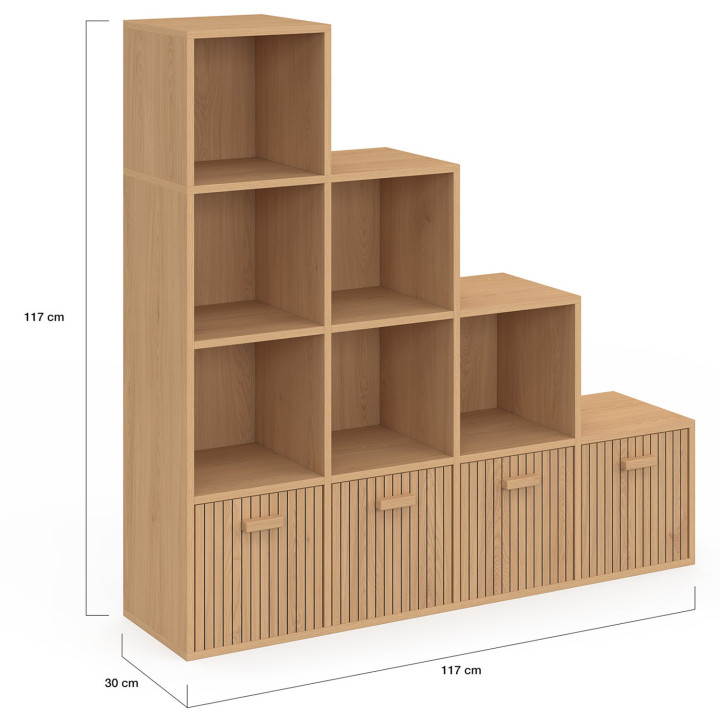 Contenitore a 4 livelli con effetto doghe e 4 cassetti in tessuto - LORYS | IdMarket