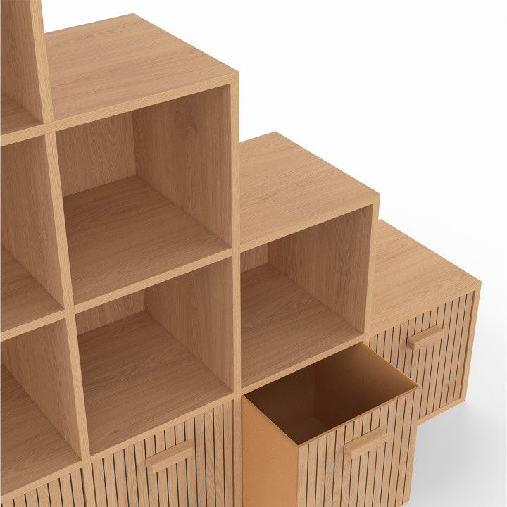 Contenitore a 4 livelli con effetto doghe e 4 cassetti in tessuto - LORYS | IdMarket