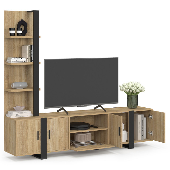 Mobile TV con ripiani e armadio 200 cm legno e nero
