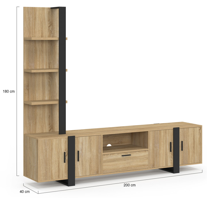Mobile TV con ripiani e armadio 200 cm legno e nero