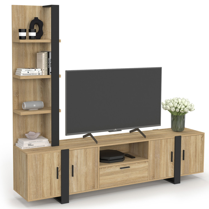 Mobile TV con ripiani e armadio 200 cm legno e nero