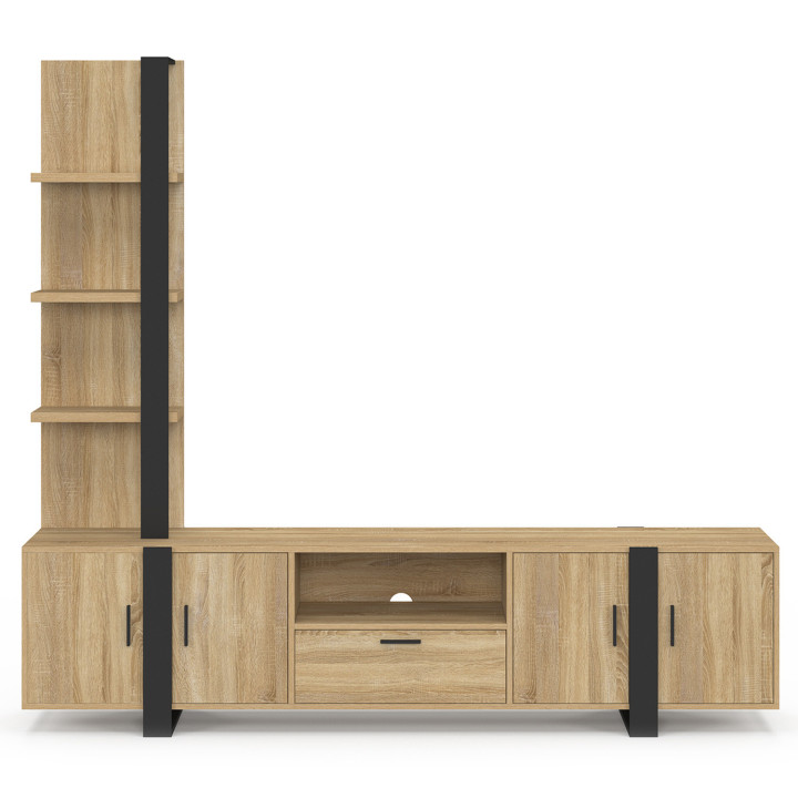 Mobile TV con ripiani e armadio 200 cm legno e nero