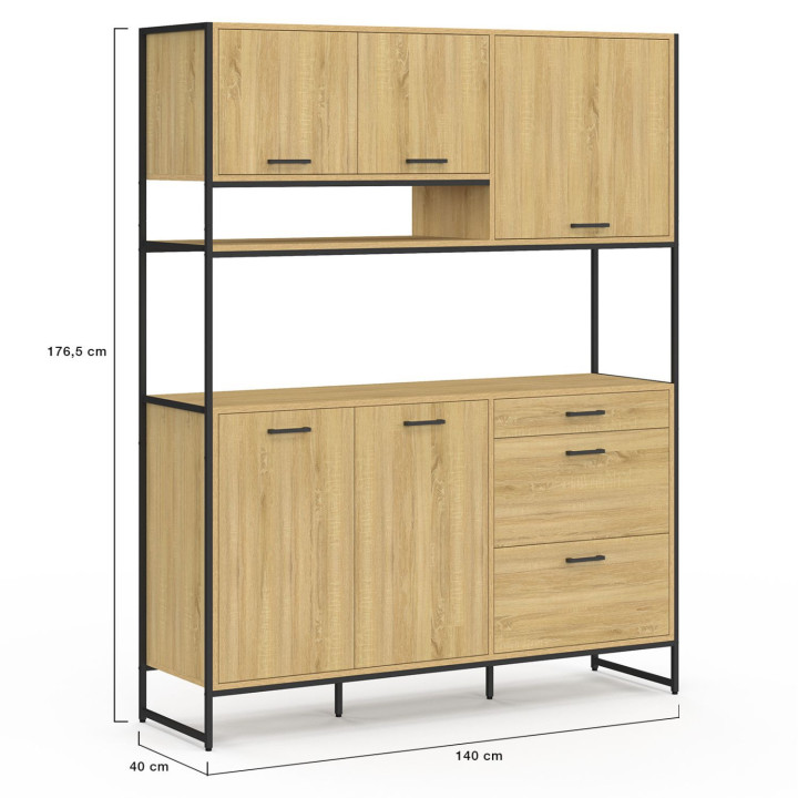 Credenza 140 cm 5 ante + 3 cassetti design industriale - DETROIT | IdMarket