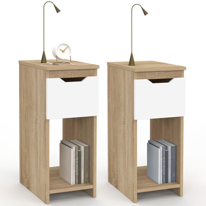 Set di 2 comodini stretti a 1 cassetto con nicchia in faggio e bianco - ANOUK | IdMarket
