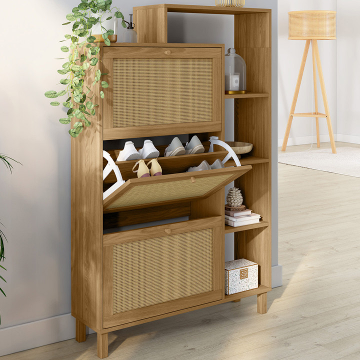 Scarpiera 18 paia 3 ante effetto canna naturale con ripiano - HANAE | IdMarket
