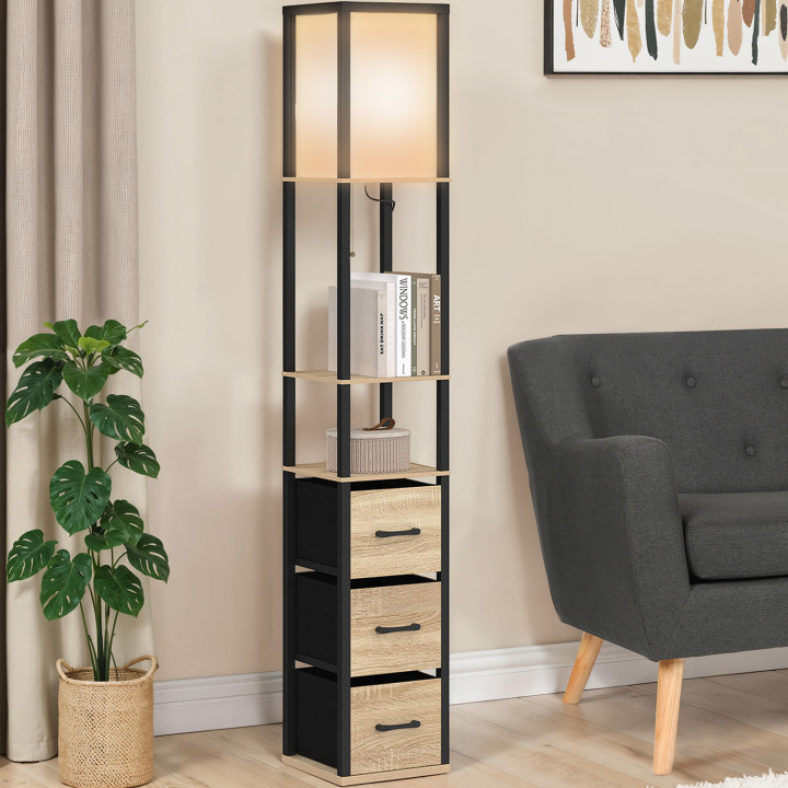 Lampada da terra industriale in legno nero con ripiani in legno chiaro, 3 cassetti in tessuto UTAH e paralume quadrato bianco