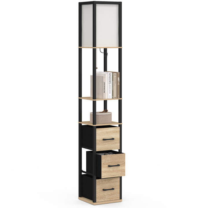 Lampada da terra industriale in legno nero con ripiani in legno chiaro, 3 cassetti in tessuto UTAH e paralume quadrato bianco