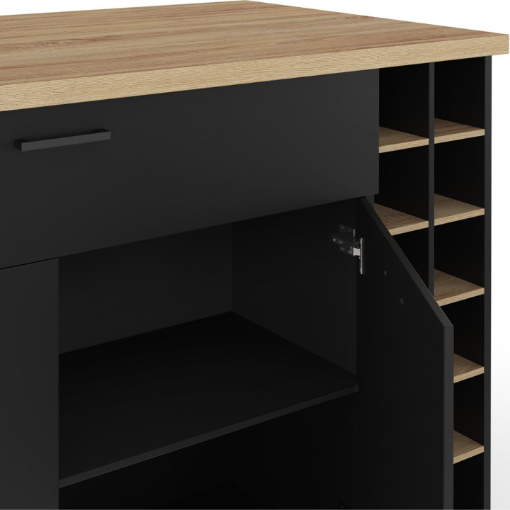 Isola centrale con portabottiglie, armadio e cassetto in legno nero con piano di lavoro effetto faggio - GEORGE | IdMarket