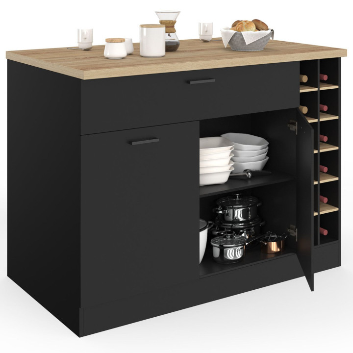 Isola centrale con portabottiglie, armadio e cassetto in legno nero con piano di lavoro effetto faggio - GEORGE | IdMarket