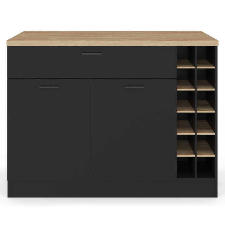 Isola centrale con portabottiglie, armadio e cassetto in legno nero con piano di lavoro effetto faggio - GEORGE | IdMarket