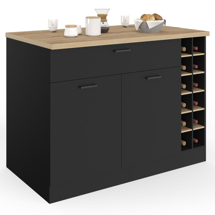 Isola centrale con portabottiglie, armadio e cassetto in legno nero con piano di lavoro effetto faggio - GEORGE | IdMarket
