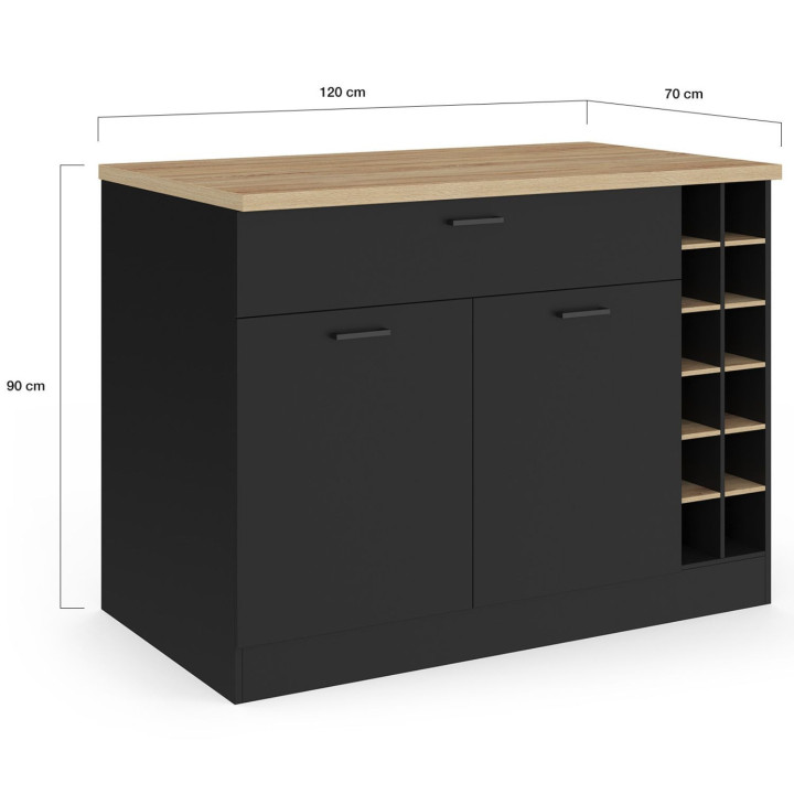 Isola centrale con portabottiglie, armadio e cassetto in legno nero con piano di lavoro effetto faggio - GEORGE | IdMarket