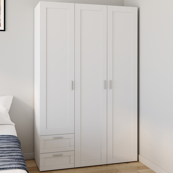 Armadio bianco a 3 ante 120 cm con 2 cassetti e ripiani - VITO | IdMarket
