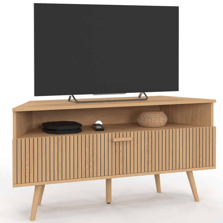 Mobile TV angolare da 110 cm con anta effetto doga in rovere