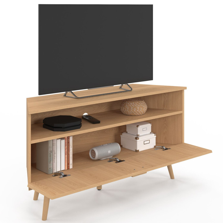 Mobile TV angolare da 110 cm con anta effetto doga in rovere