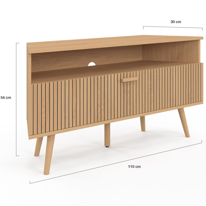 Mobile TV angolare da 110 cm con anta effetto doga in rovere