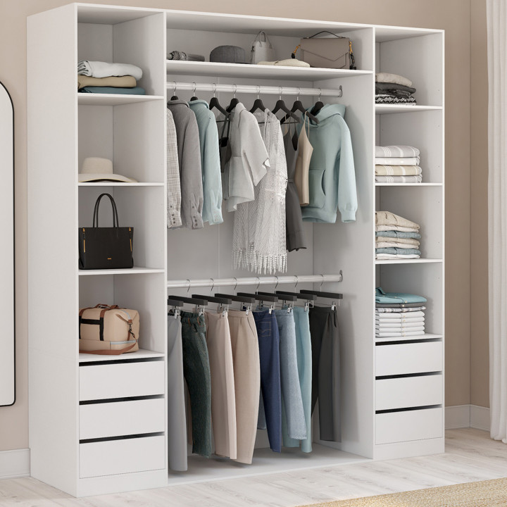 Armadio doppio 185 x 55 x 200 cm con ripiani + armadio doppio + cassettiera bianca - TAYLOR | IdMarket