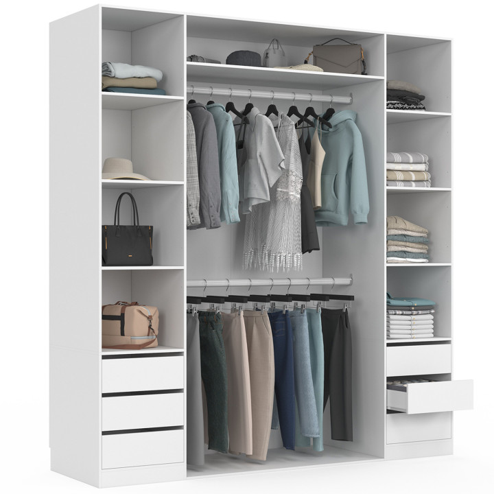 Armadio doppio 185 x 55 x 200 cm con ripiani + armadio doppio + cassettiera bianca - TAYLOR | IdMarket