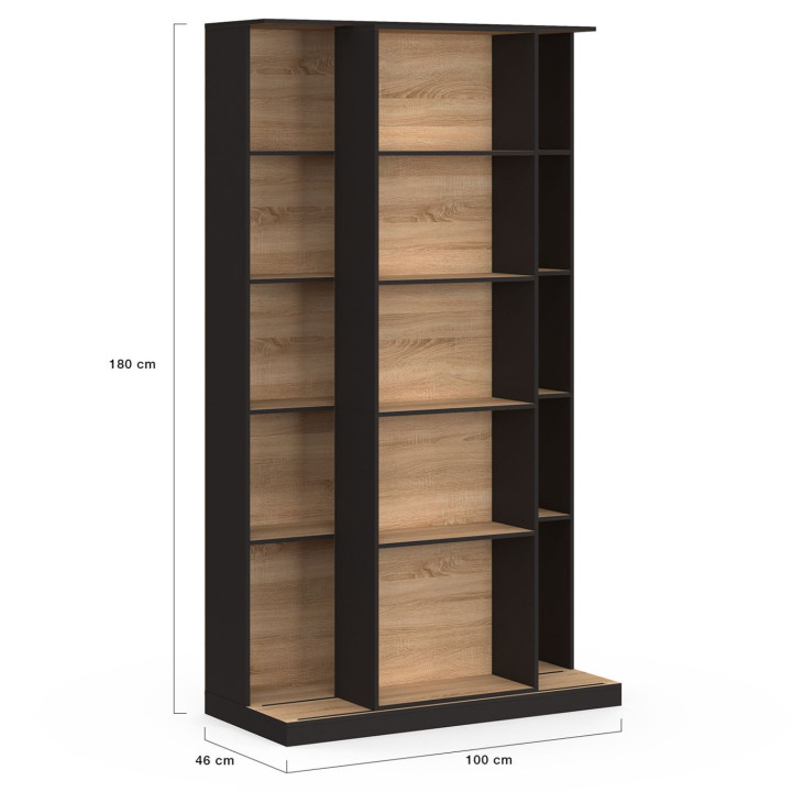 Libreria scorrevole a 5 livelli con 15 nicchie in legno e nero - ALPHONSE | IdMarket