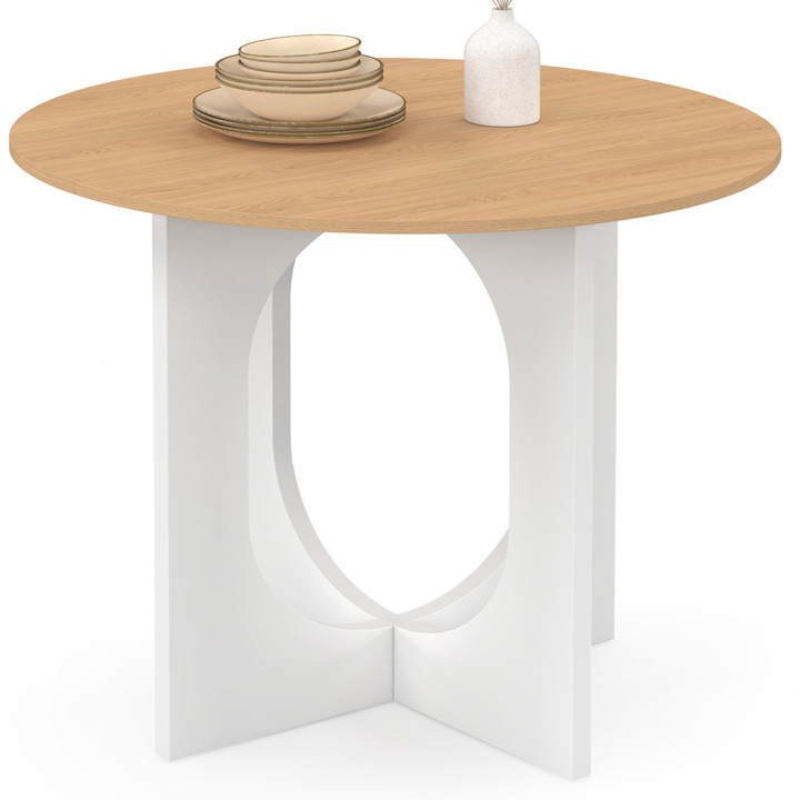 Tavolo da pranzo fisso rotondo per 4 persone, bianco e legno gamba ad arco 80 cm - ALOISE | IdMarket