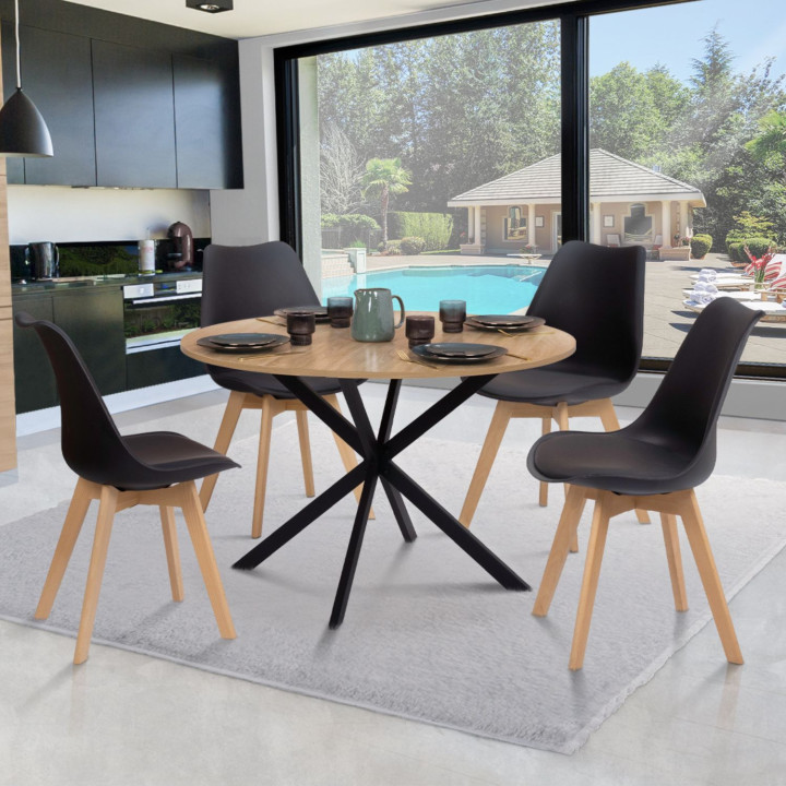 Set di tavolo da pranzo rotondo in legno e nero da 110 cm e 4 sedie SARA nere - ALIX | IdMarket