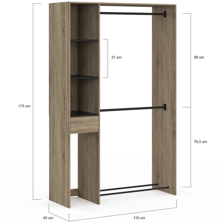 Armadio doppio L. 110 cm con ripiani + cassetto + scarpiera, faggio e nero - MIRTY | IdMarket