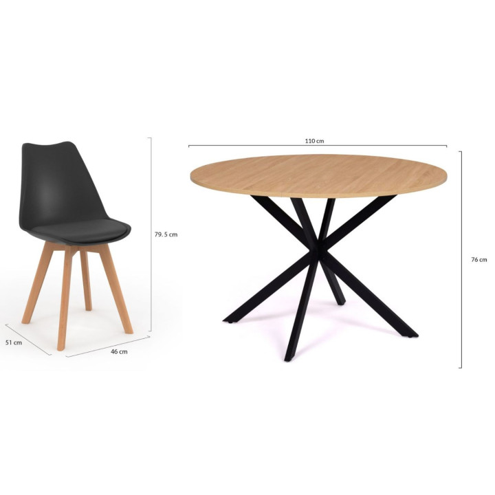 Set di tavolo da pranzo rotondo in legno e nero da 110 cm e 4 sedie SARA nere - ALIX | IdMarket