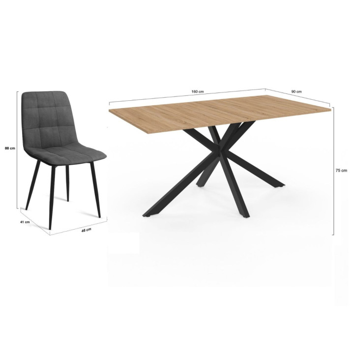 Set tavolo da pranzo rettangolare 160 cm in legno e nero e 6 sedie in velluto grigio scuro - ALIX | IdMarket