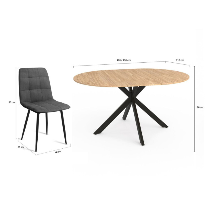 Set di tavolo da pranzo rotondo allungabile 110 - 150 cm e 4 sedie in velluto grigio scuro - ALIX | IdMarket