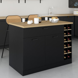 Isola centrale con portabottiglie, armadio e cassetto in legno nero con piano di lavoro effetto faggio - GEORGE | IdMarket