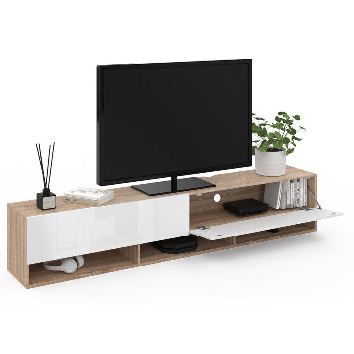 Mobile TV sospeso in legno e bianco con ripiani da 180 cm - ELIO | ID Market