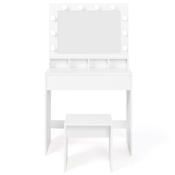 Tavolino da toilette con specchio LED bianco e sgabello - ZELIA | ID Market