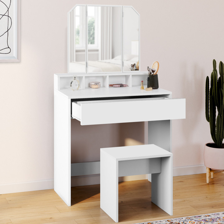 Tavolino bianco a 3 specchi con sgabello - ZELIA | ID Market