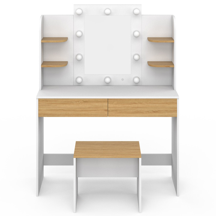 Tavolino da toilette in legno e bianco con 4 ripiani, specchio LED e sgabello - ZELIA | ID Market