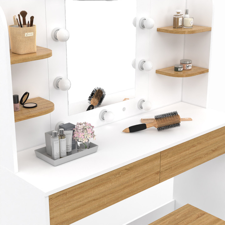 Tavolino da toilette in legno e bianco con 4 ripiani, specchio LED e sgabello - ZELIA | ID Market