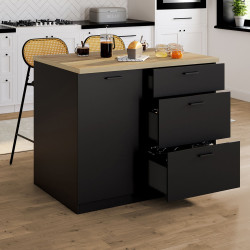 110 cm nero cassorelier isola centrale a 3 cassetti con piano di lavoro in faggio - TIBO | IdMarket