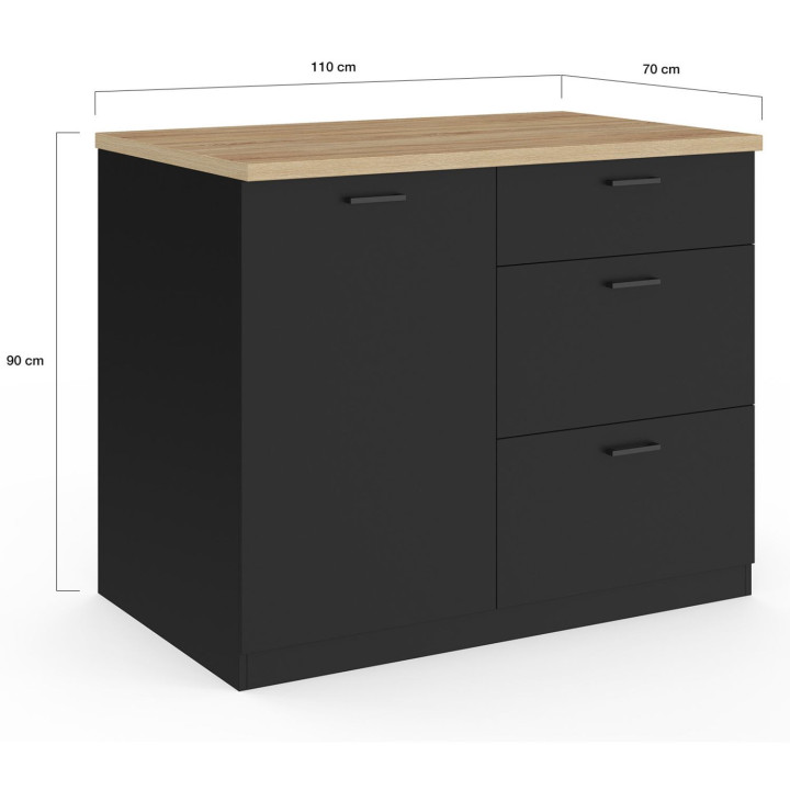 110 cm nero cassorelier isola centrale a 3 cassetti con piano di lavoro in faggio - TIBO | IdMarket