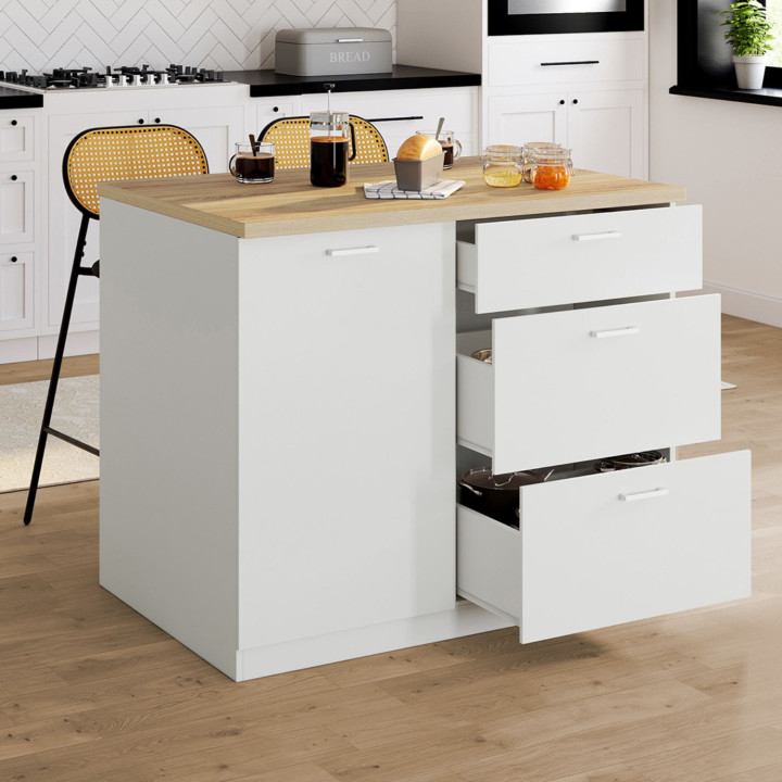 110 cm bianco cassorelier isola centrale a 3 cassetti con piano di lavoro in faggio - TIBO | IdMarket