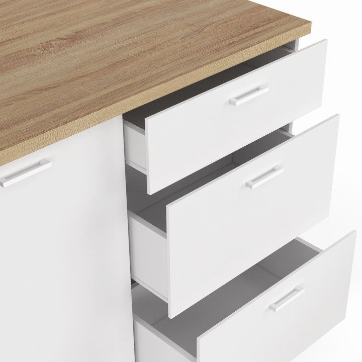 110 cm bianco cassorelier isola centrale a 3 cassetti con piano di lavoro in faggio - TIBO | IdMarket