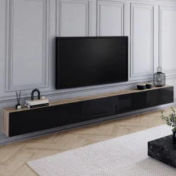 Mobile TV sospeso da 300 cm con 3 ante in legno e nero - ELIO | IdMarket
