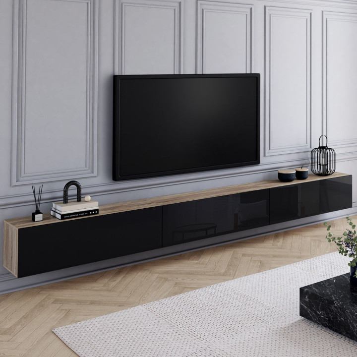 Mobile TV sospeso da 300 cm con 3 ante in legno e nero - ELIO | IdMarket